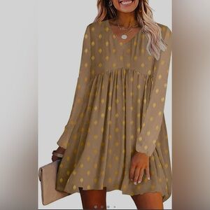 KIRUNDO  Long Sleeve Mini Dress V Neck Swiss Dot Babydoll Dress
